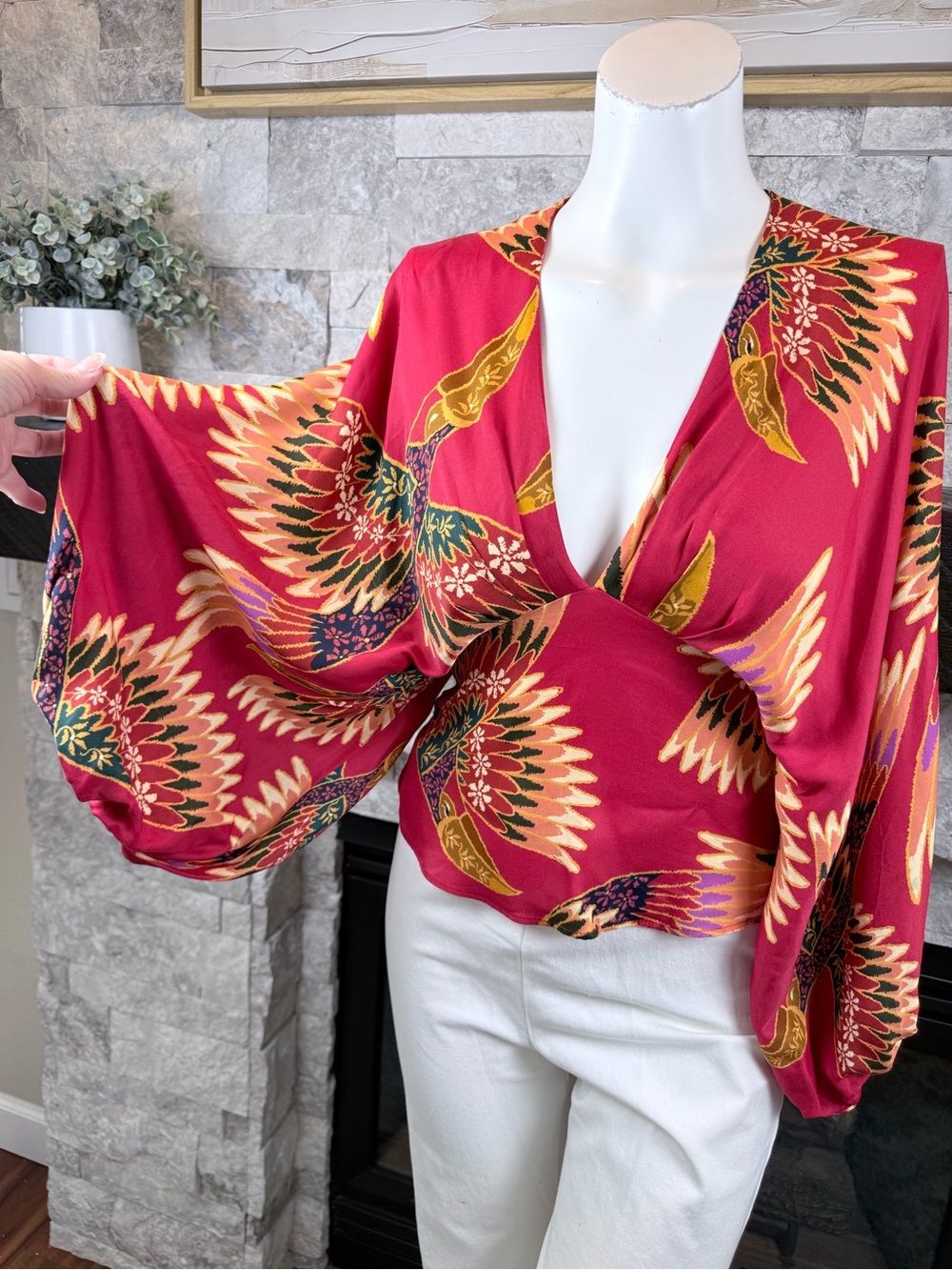 Farm Rio Pink Tropical Bird Print Twist Front Blouse Balloon Sleeve XS - Picture 2 of 8